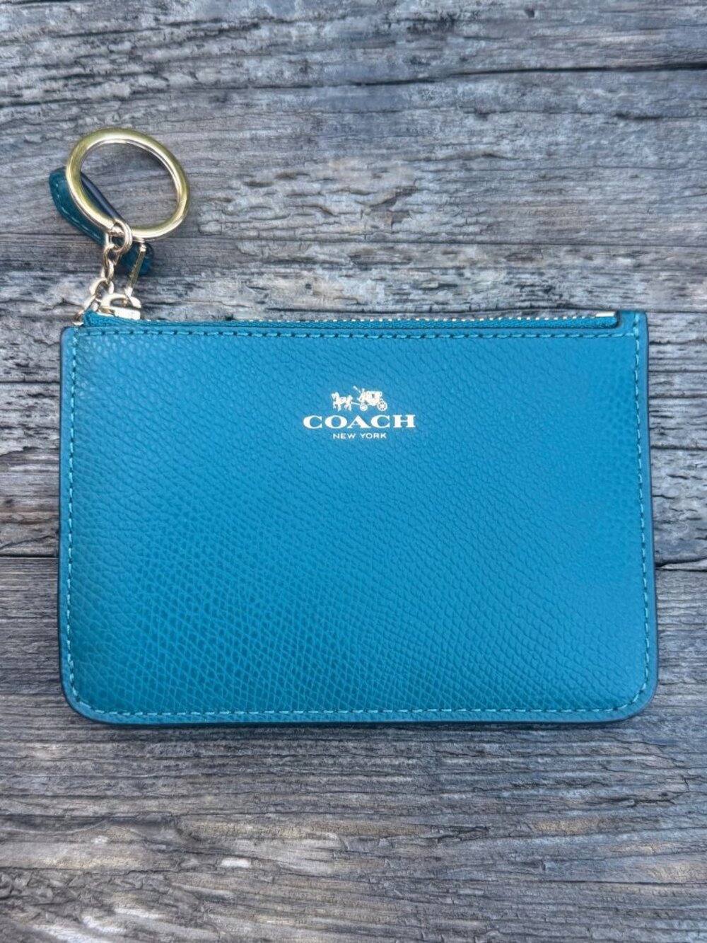 Coach Turquoise Pebble Leather Keychain Mini ID Wallet Skinny Card Case NWOT